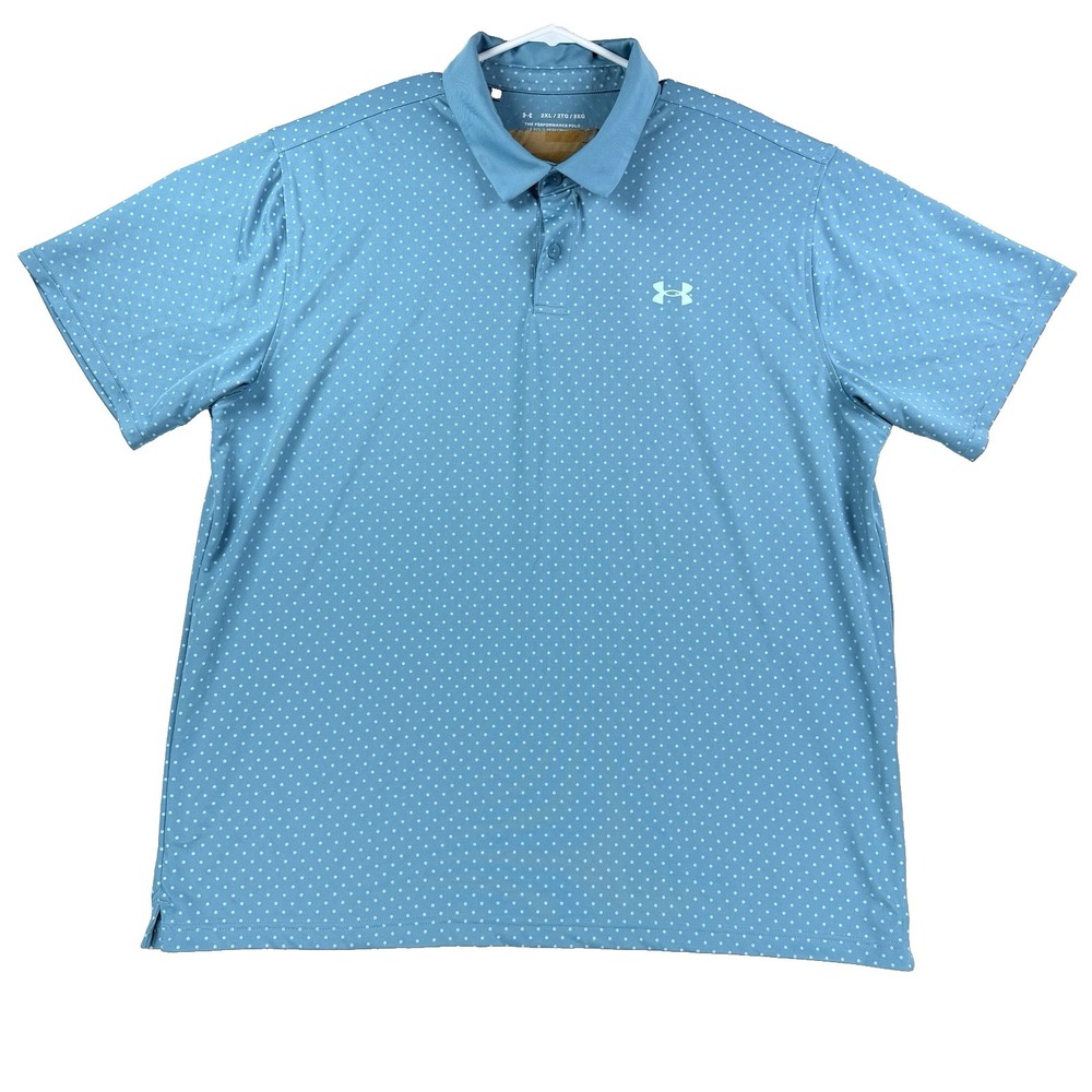 Mens Under Armour Performance Polo Shirt Polka Dot Blue Size 2XL Heat Gear Golf